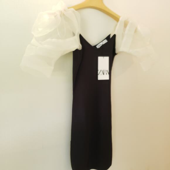 ZARA Voluminous Balloon Organza Sleeve Mini Dress Knit Size Small - Picture 9 of 10